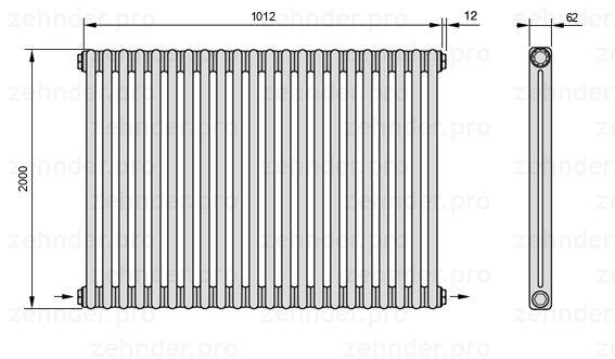 Схема (чертеж) Радиатор Zehnder Charleston 2200/22 №2670 Белый глянцевый RAL 9016